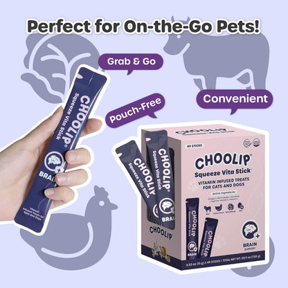 Choolip Bundle | 20pc Jumbo Squeeze Vita Sticks with Essential multivitamins + 49 Brain Support Squeeze Vita Sticks with Essential multivitamins [Both Products are for Cats & Dogs of All Life Stages]