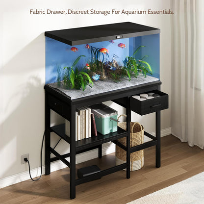 40-50 Gallon Fish Tank Stand with Power Outlet, Aquarium Stand with 3-Tier Adjustable Storage Shelves, Fish Stand with Storage Drawers, 36.6"*18.9" Tabletop (Black)