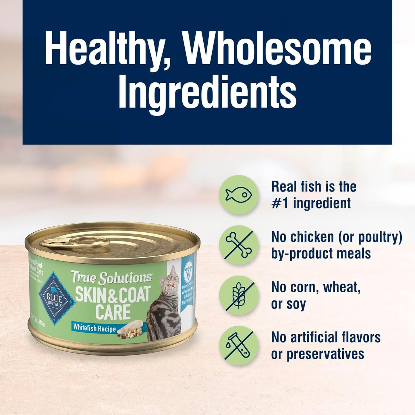 Blue Buffalo True Solutions Skin & Coat Care Wet Cat Food for Adult Cats, Made with Natural Ingredients, Whitefish, 3-oz. Cans (24 Count)