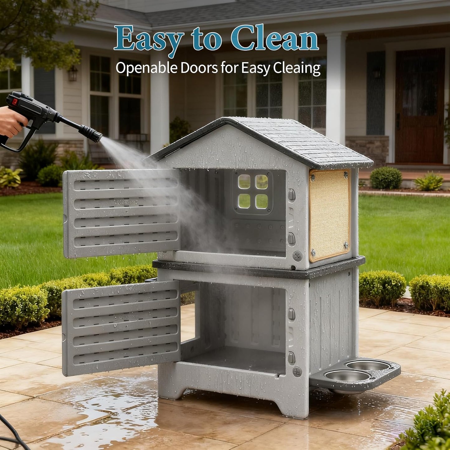 Cat House Outdoor Weatherpoof Plastic Cats Houses with Elevated Cat Bowls, Cat Scratch Pads and Escape Door, 2-Story Indoor Waterproof Feral/Pet Cat Shelter Outside for Multiple Cats, Grey