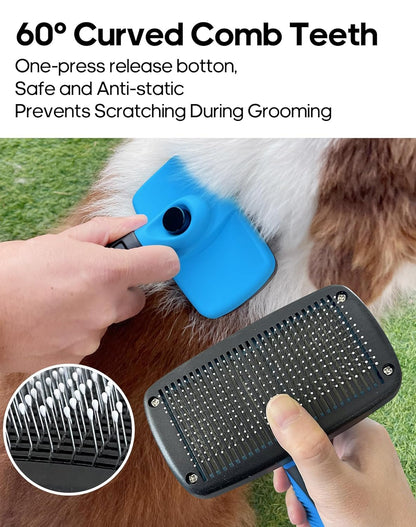 Self Cleaning Shedding Brush - Skin Friendly Grooming Tool for Dogs, Cats, and Puppies, Deshedding and Hair Removal for Long and Short Haired Pets (Blue)
