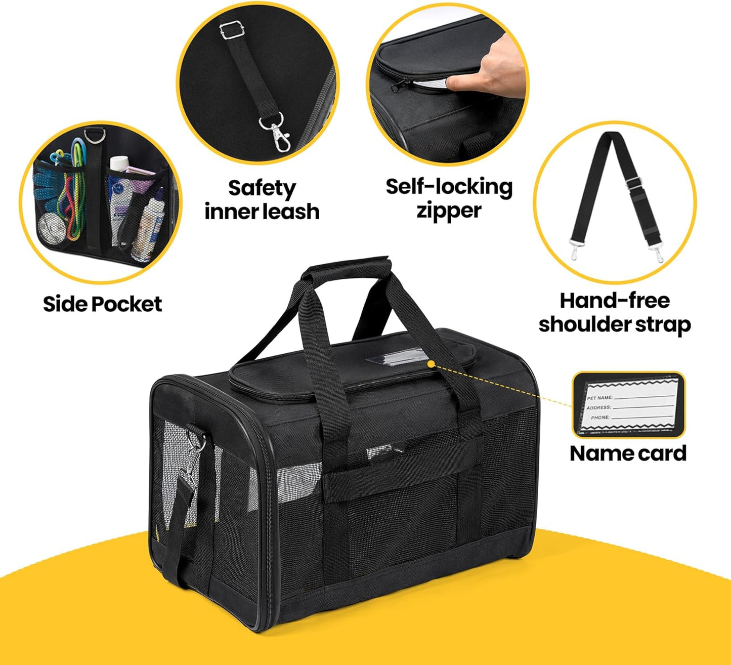 Cat Carrier Airline Approved, Soft-Sided Dog Carrier with Inner Safety Leash, Pet Transport Carrier for Small-Medium Cats Puppies up to 15 Lbs, Collapsible Travel Kitten Carrier Bag -BlackM