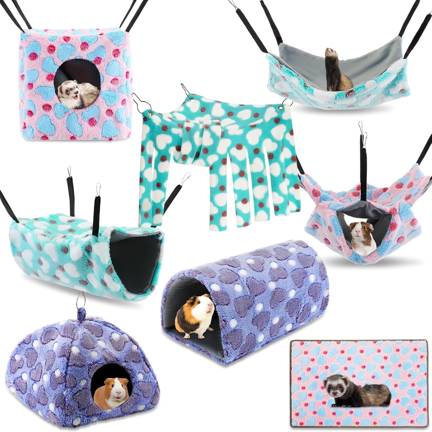 8 in 1 Winter Rat Cage Accessories Guinea Pig Hammock Ferret Cave Beds Guinea Pig Hideout Washable Soft Hamster Toys Hanging Tunnels Mats Curtains for Christmas Small Animals Pet Bunny Gifts