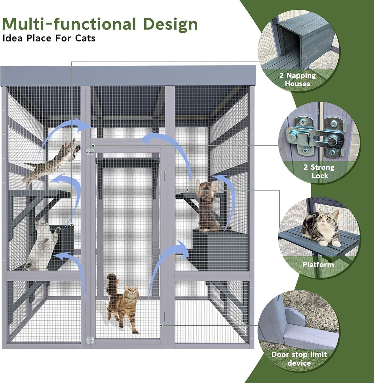 70" Large Catio Outdoor Cat Enclosure, Outdoor Cats Cage with Waterproof Cover,Wooden Walk in Cat Shelter Jumping Platforms & 2 Resting Box, UV Resistant