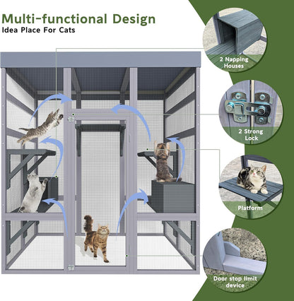 70" Large Catio Outdoor Cat Enclosure, Outdoor Cats Cage with Waterproof Cover,Wooden Walk in Cat Shelter Jumping Platforms & 2 Resting Box, UV Resistant