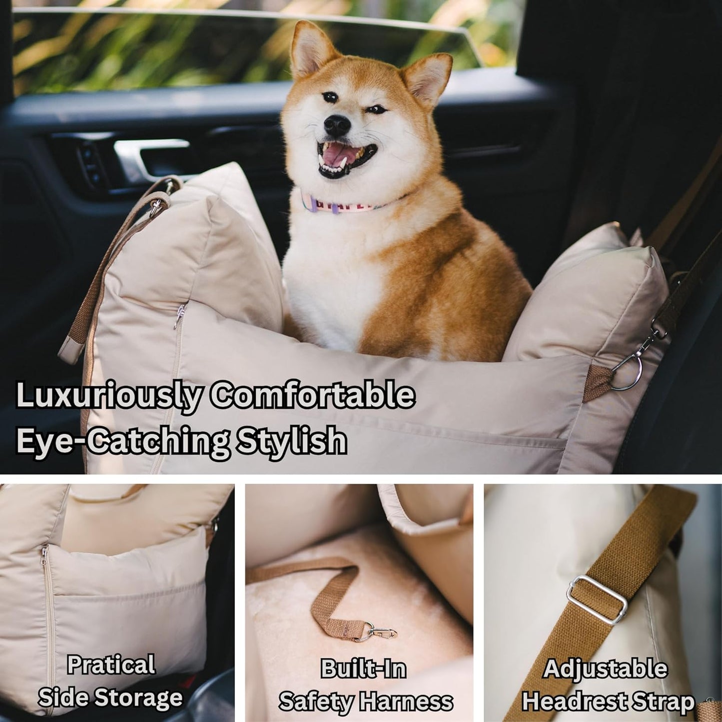 Posh Dog Car Booster Seat for Small Little Dogs, Stylish and Comfortable Design, Small Dog Owner Gift, Travel Bed with Safety Belt, Secure Straps, Perfect for Dogs Under 25 Lbs