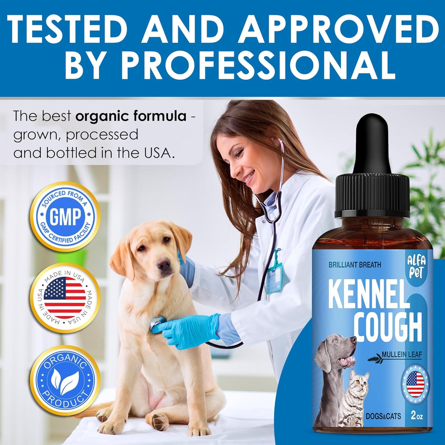 Dog Cough Treatment Liquid • Kennel Cough Medicine for Dogs & Cats • For Breathing During All Life Cycle • Marshmallow Root + Mullein Leaf in the Composition • Natural Supplement for All Breeds • 2 Oz