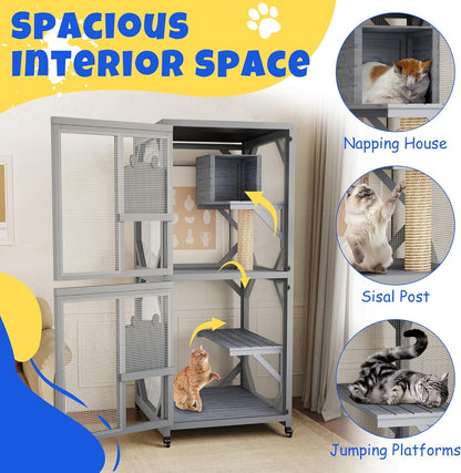 68'' Window Catio Outdoor Cat Enclosure On Wheels, Large Cats Kitty House with Waterproof Roof, Cat Playpen Outside Cattery with Platforms, Resting Box and Scratching Post