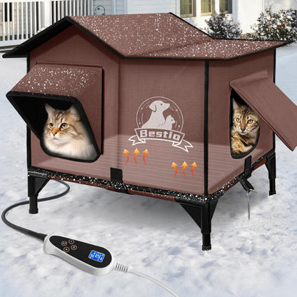 Large Heated Cat House for Outside 21x17x17 in with Elevated Base Cat-Attracting Eave Design Feral Stray Shelter,Intelligent Controller and Waterproof Cat Heated House Shelter for Outdoor