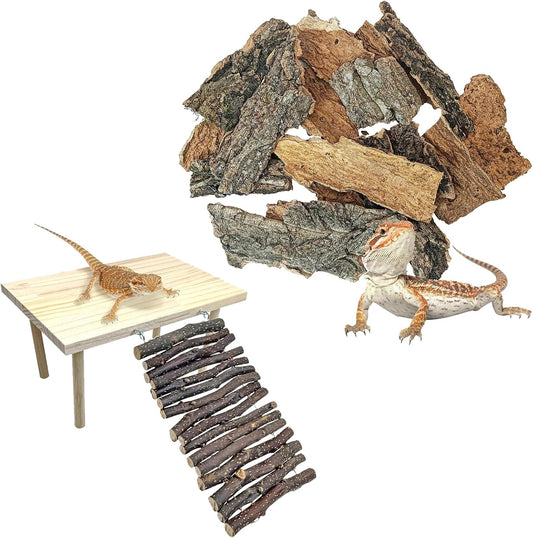 BNOSDM Reptile Cork Bark Substrate and Wooden Hideout Platform for Lizard, Gecko