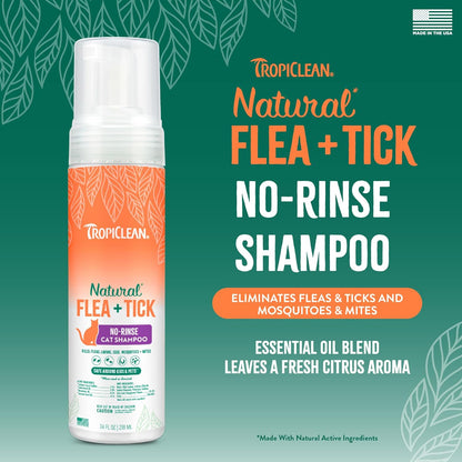 TropiClean Flea and Tick Waterless Shampoo Treatment for Cats, Powerful & Natural Defense, Flea and Tick Prevention for Cats, Made in USA, 7.4oz