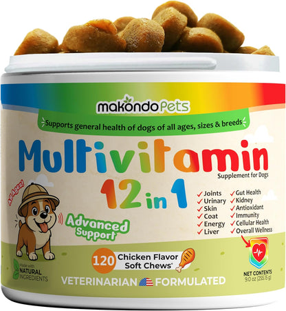 Dog Multivitamin 12 in 1 Supplement 120 Soft Chews - Joint Support + Gut Digestive Enzymes & Probiotics + Cranberry Urinary Health & Vitamins for Energy, Skin, Coat, Liver & Immune Aid Dog Vitamins