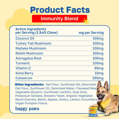 Happy Paws Turmeric Supplement for Dogs, Daily Wellness & Immunity Support for All Breeds & Ages, Made with Turmeric, Colostrum & Turkey Tail Mushrooms, Pumpkin Flavor, Non GMO, 100 Soft Chews