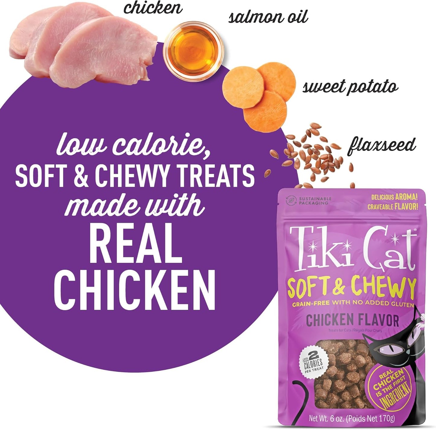 Tiki Cat Soft & Chewy Treats, Chicken Flavor, 3 Calories Per Treat with Grain-Free and No Added Gluten, 6 oz Pouch (Pack of 1)