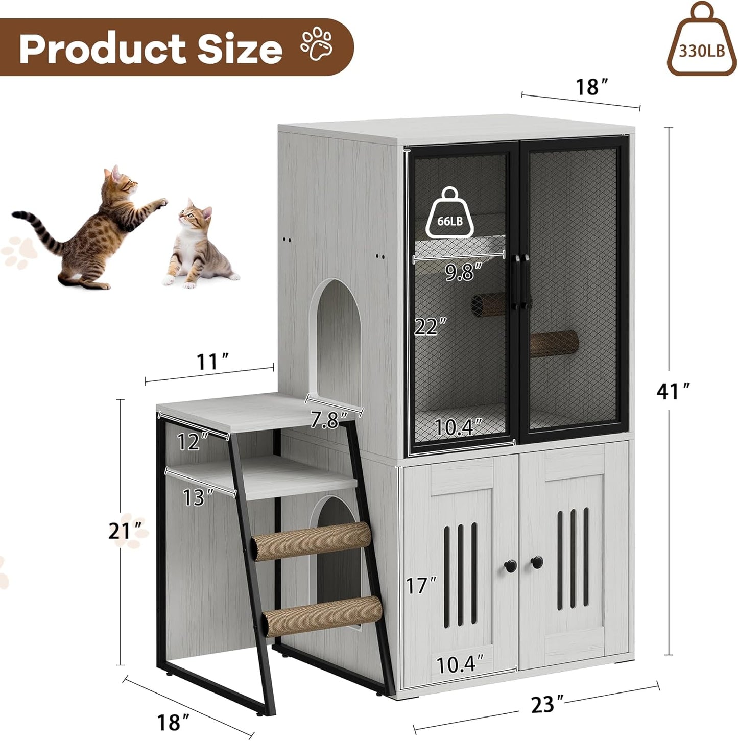 Cat Litter Box Enclosure, Double Layer Enclosed Litter Box Furniture with Door, Cat House with Ladder, White