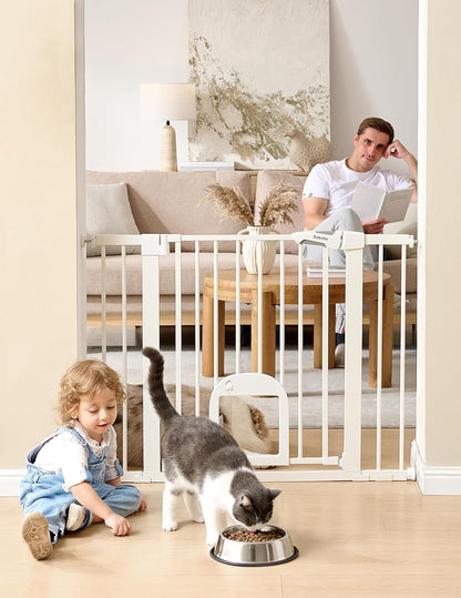Babelio Baby Gate with Adjustable Cat Door,29-43" Auto Close Durable Pet door for Stairs,Doorways and House,Pressure Mounted,Easy Install,Effortless Walk Thru,White