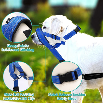 Dog Head Collar, Adjustable Dog Mouth Guard, Reflective Dogs Mouth Harness with Padded Nose Band, No Pull Head Collar Soft Dogs Muzzle for Medium Large Pets (Blue, L (Snout: 11.6"-14.8"))