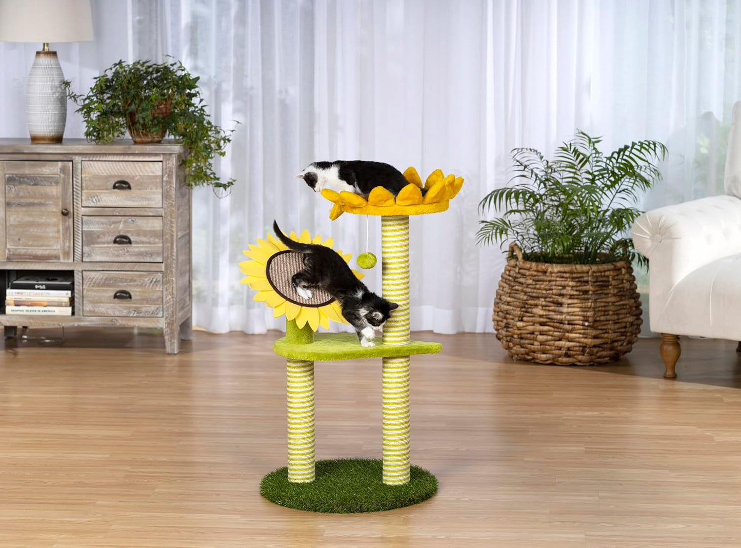 Prevue Pets Sunflower Playground Cat Scratching Post Tree Activity Center with Toy, Green