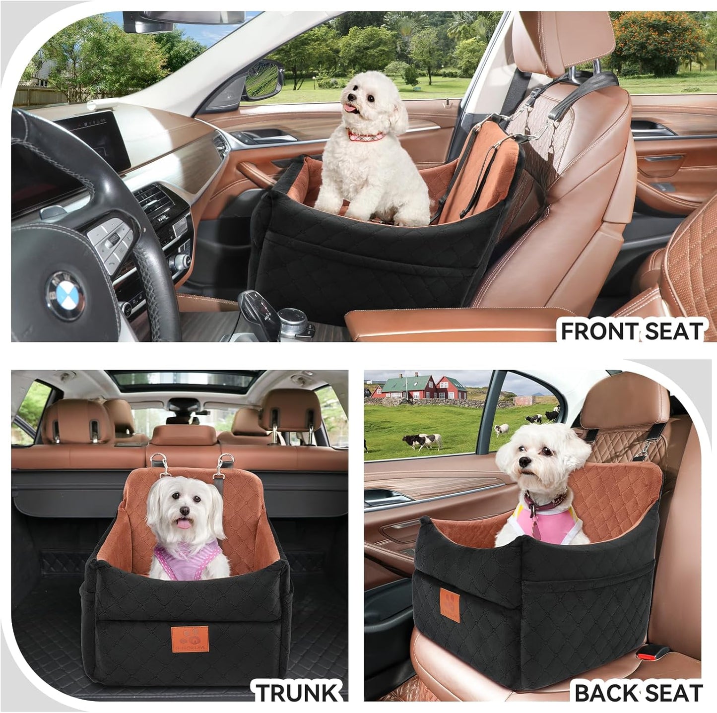 Dog Car Seat for Small/Medium Dogs, Dog Booster Car Seats with Thick Cushion for Dogs Under 35 lbs, Detachable Washable Pet Carseat with Storage Pockets, 2 Safety Belts(Black/Brown)