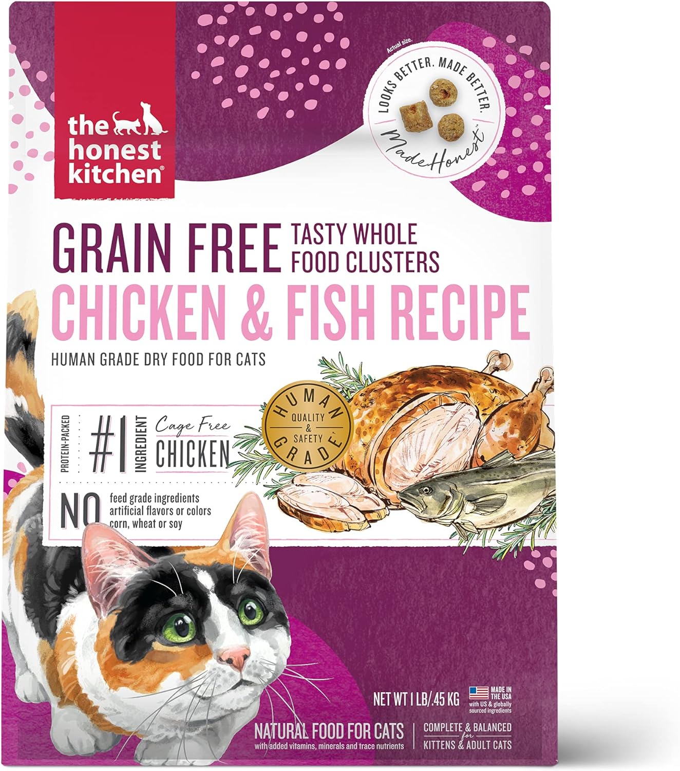 The Honest Kitchen Whole Food Clusters Grain Free Chicken & Fish Dry Cat Food, 1 lb Trial Pouch