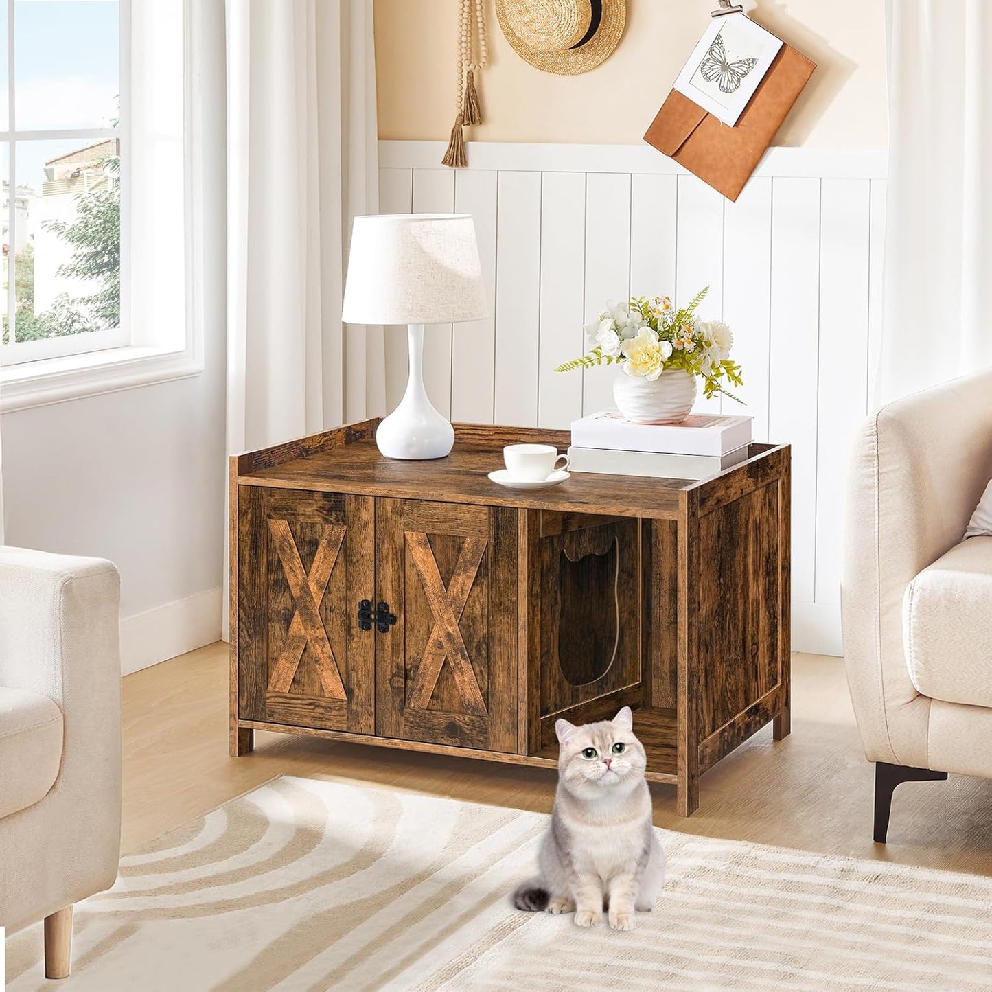 31.5" Cat Litter Box Enclosure and 31.5" Dog Crate Furniture Bundle, Hidden Litter Box Furniture with Divider, Heavy Duty Dog Kennel for Small Dogs, Indoor Pet House, CWHR2501Z-DCHR8001