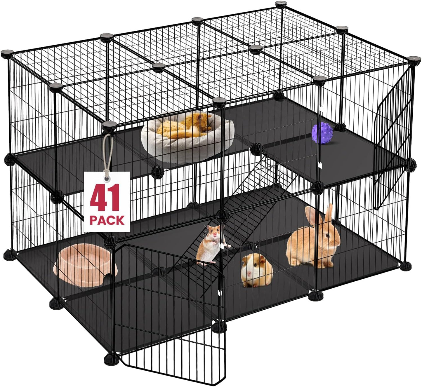 41 Panels Pet Playpen, 35.4" L x 23.6" W x 23.6" H Small Animal Playpen with 2 Doors, C&C Cage for Guinea Pigs,Rabbit,Bunny,Hedgehogs, Puppy Play Pen Indoor Outdoor, Two-Story Chicken Play Pen