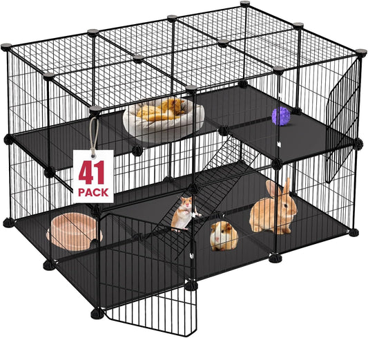 41 Panels Pet Playpen, 35.4" L x 23.6" W x 23.6" H Small Animal Playpen with 2 Doors, C&C Cage for Guinea Pigs,Rabbit,Bunny,Hedgehogs, Puppy Play Pen Indoor Outdoor, Two-Story Chicken Play Pen