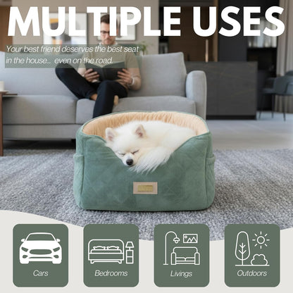 Premium 2-in-1 Dog Car Seat & Home Bed for Small Dogs – Premium Travel Pet Bed with Safety Straps, Stylish Design, Soft Plush Cushion & Secure Portable Comfort – Under 30lbs (Green)