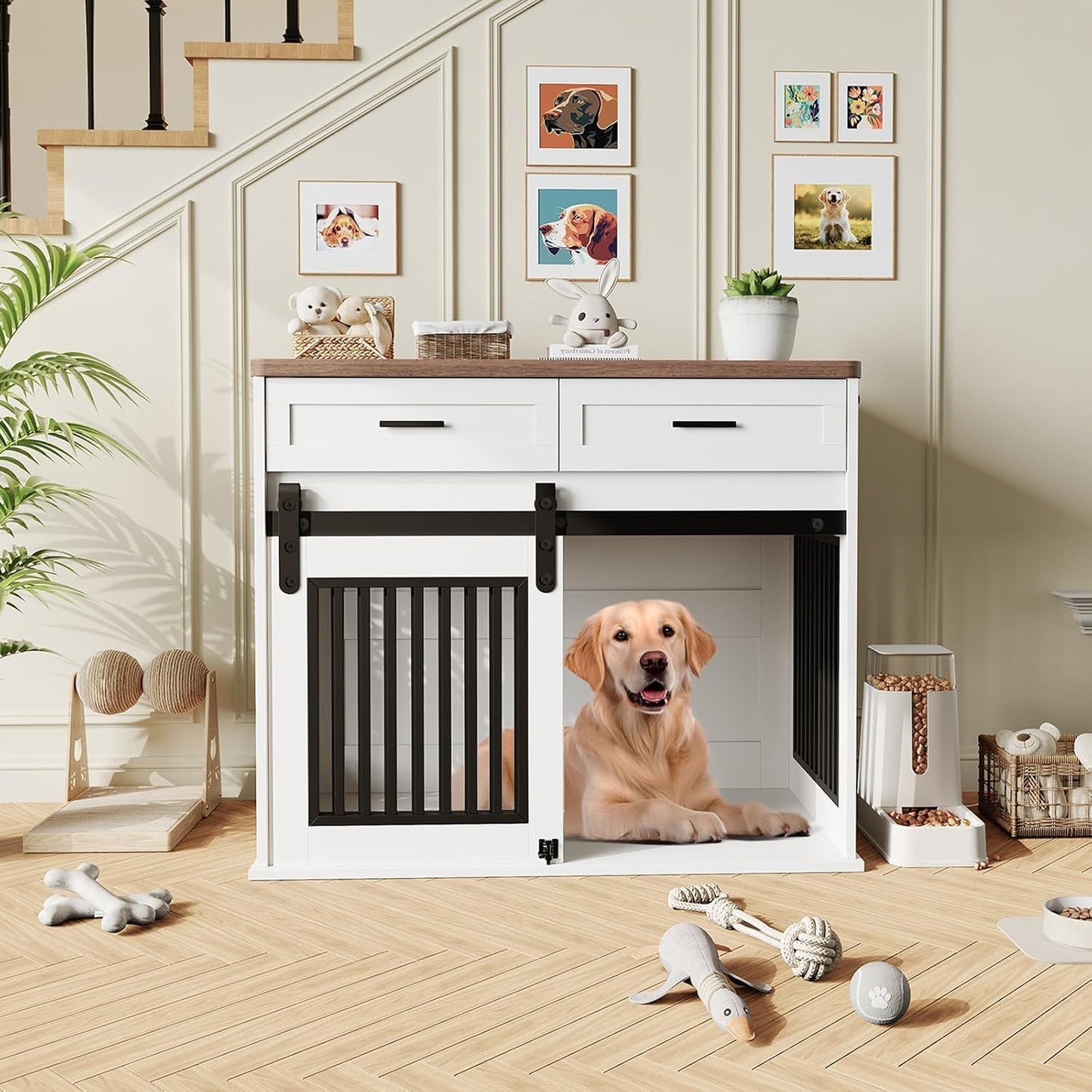 44.5'' Dog Crate Furniture with Hook & Storage Drawers, Wooden Heavy Duty Dog Kennel Indoor with Sliding Barn Doors, Decorative Pet House End Side Table TV Stand for Medium/Small Dogs,White
