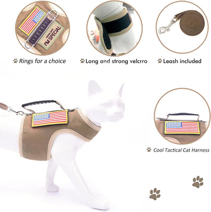 Tactical Cat Harness and Leash for Walking Escape Proof, Adjustable Cat Walking Jackets, Padded Stylish Cat Vest, Khaki, Medium