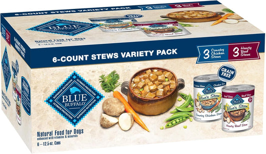 Blue Buffalo Blue's Stew Natural Wet Dog Food, Made with Natural Ingredients, Hearty Beef and Country Chicken Variety Pack, 12.5-oz Cans, 6 Count