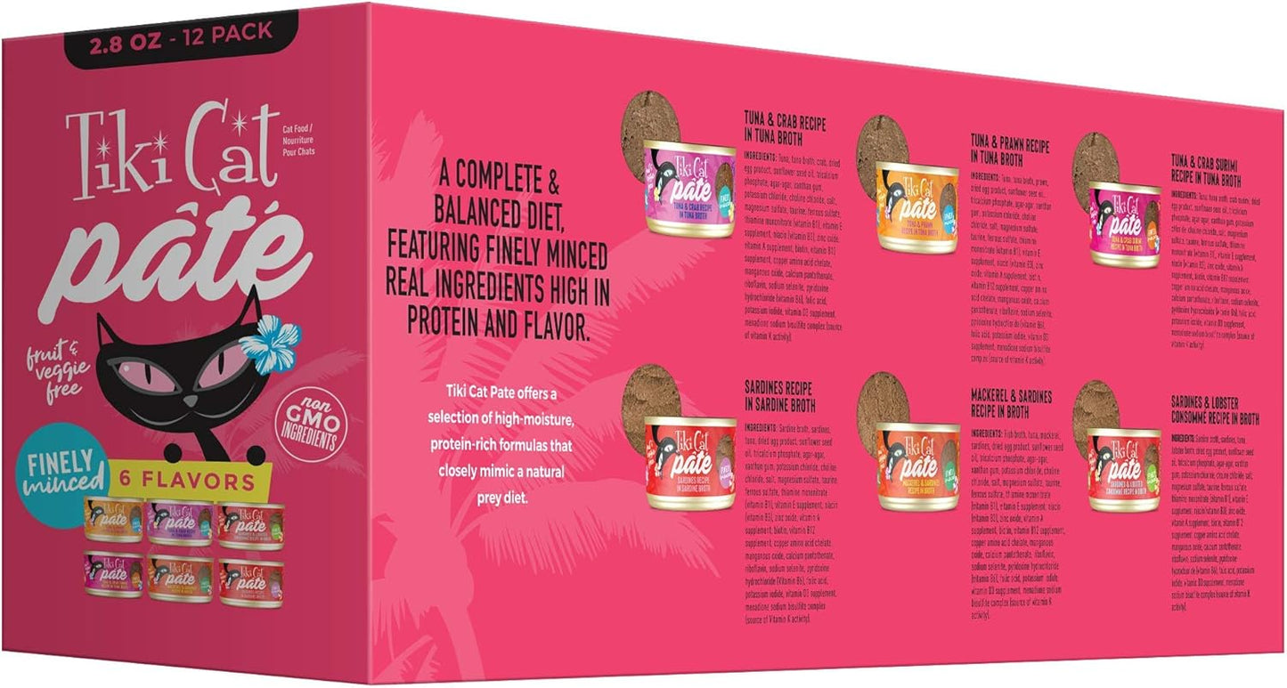 Tiki Cat Grill Pâté Variety Pack, Combinations of Real Flaked Fish, Wet High-Protein & High-Moisture Cat Food, 2.8 oz. Cans (Pack of 12)