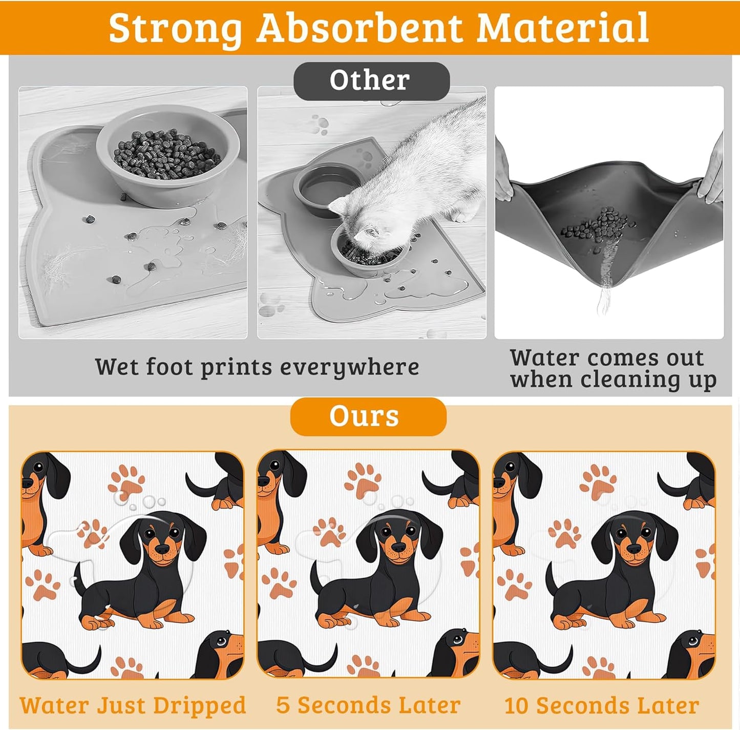 Dog Bowl Mat,Dog Dachshund Pet Feeding Mat for Floors Waterproof,Grey Paws Absorbent Dogs Placemat for Food and Water Quick Dry Pet Cat Feeding Mats with Non Slip Bottom 16" x 24"