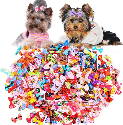 100PCS Cute Puppy Dog Small Bowknot Hair Bows,Yorkie Doggie Bows with Rubber Band Pet Grooming Bows Dog Hair Costume Accessories for Small Dog