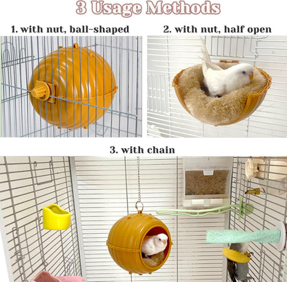 Bird Nest for Cage Swing, Chewproof Small Bird Bed Hanging House Hut & 2Pcs Wooden Small Bird Foraging Toys, Interactive Parakeet Foraging Toys for Cage, Bird Enrichment Toys