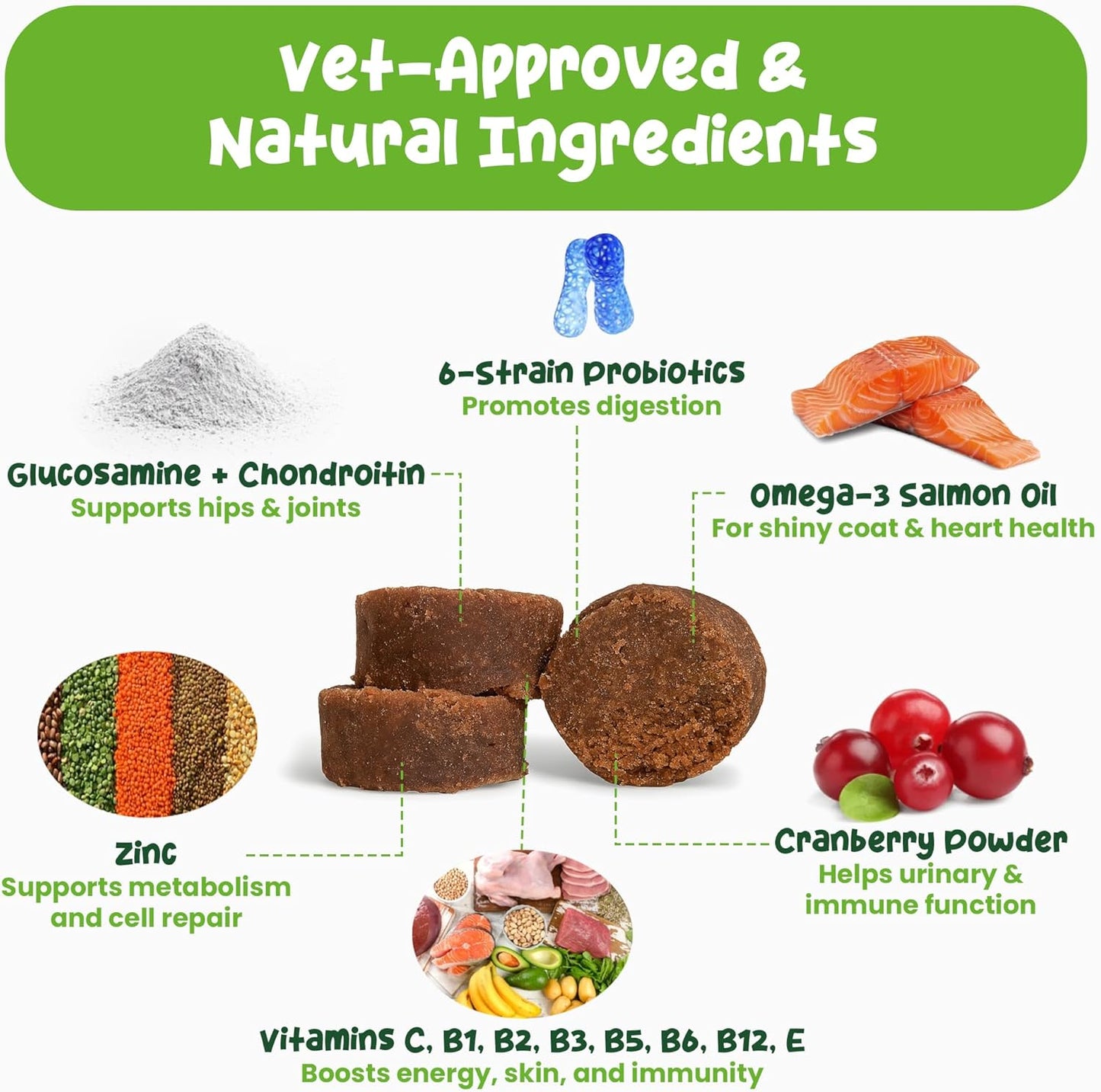 Vibin’ Tails Dog Multivitamin, Chewable Dog Vitamins and Supplements with Glucosamine, Chondroitin, Probiotics & Omega-3 for Hip & Joint, Skin & Coat – Puppy & Senior Multivitamin – 120ct