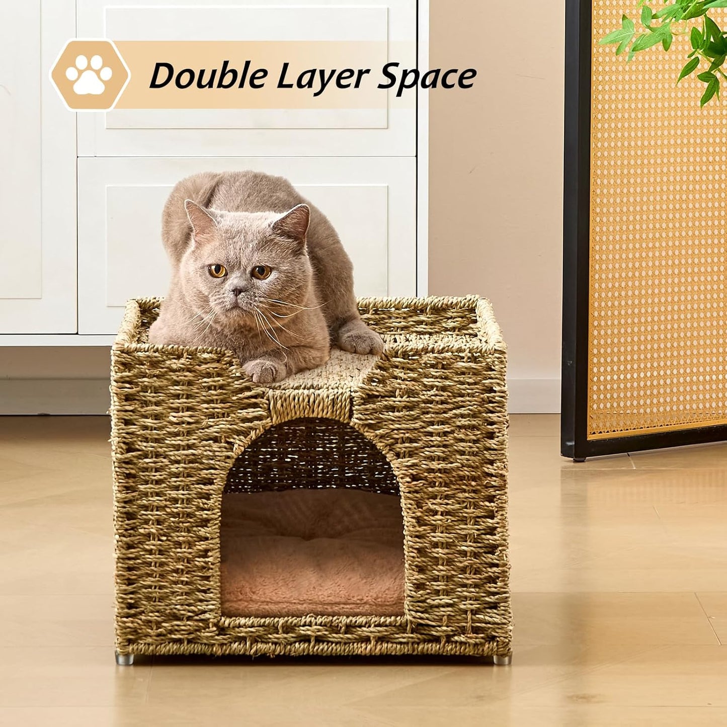 Cat Houses for Indoor Cats, Handwoven Natural Seagrass Cat Cave Pet Cube,Foldable Pet Cat House, Cat Beds with Double-Sided Mat, Hideaway, in Living Room Bedroom