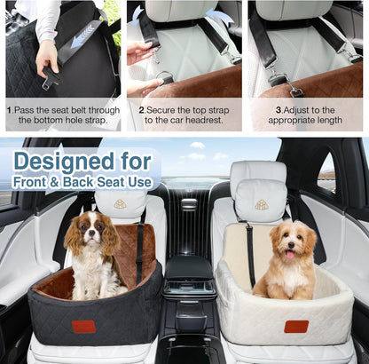 Dog Car Seat for Small Dogs Under 30lbs,Ultra Soft Fabric & Memory Foam Pet Travel Car Bed,Washable & Detachable,Anti-Slip Bottom,2 Storage Pockets and Safety Tethers(Black/Brown)
