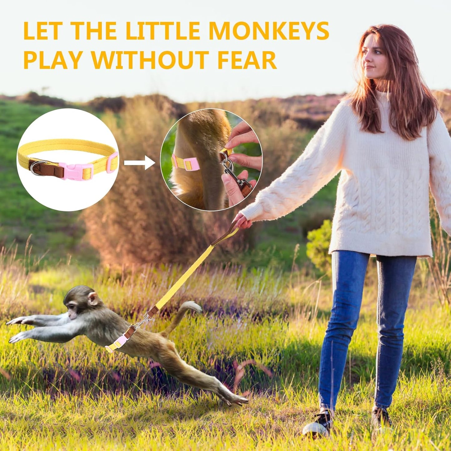 Mini Monkey Leash, Adjustable Monkey Strap with Belly Bands and Matching Leash for Marmoset Monkey, Maximum Dimension 5.7 Inches for Monkey, Comfortable and Durable