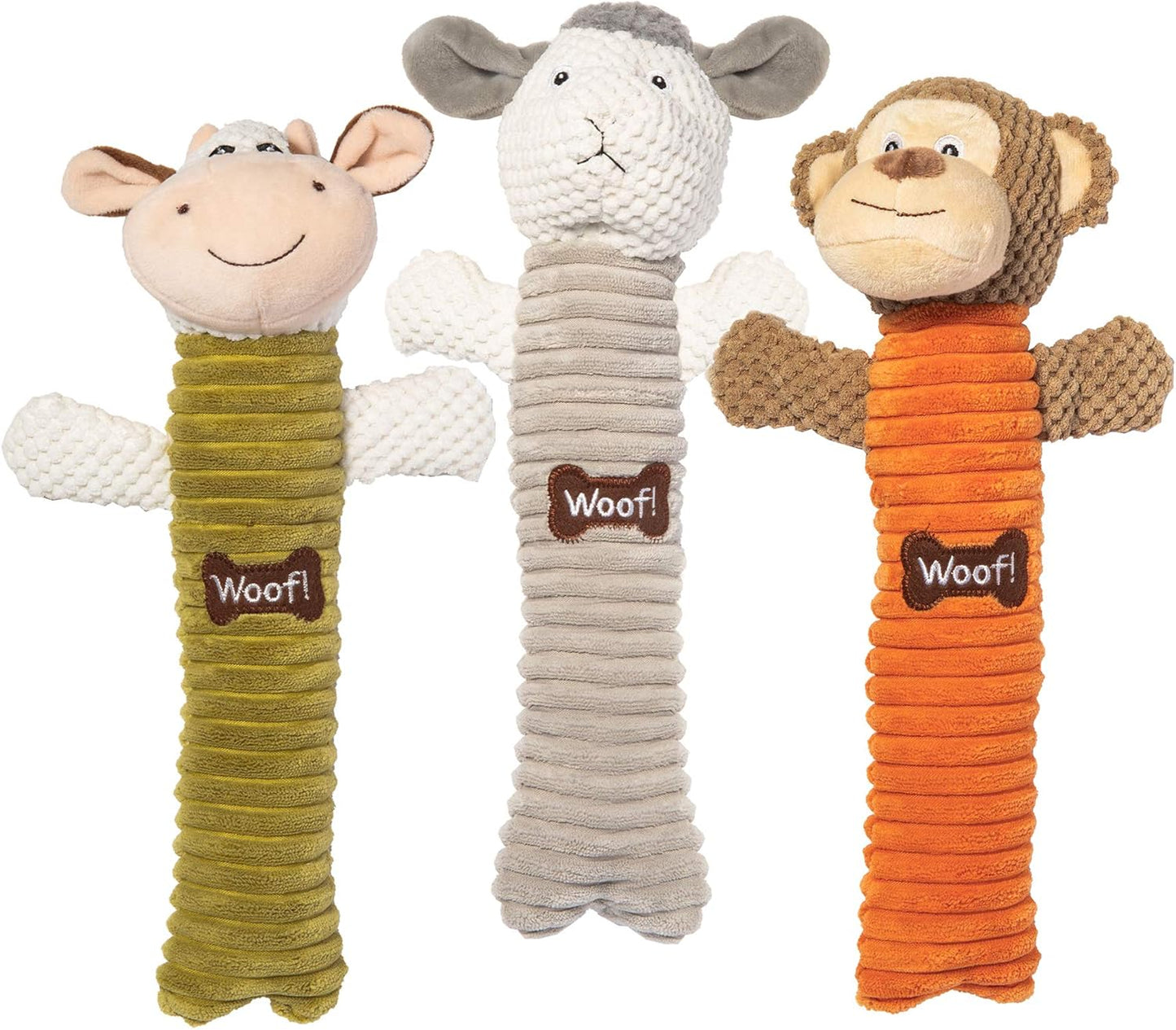 Best Pet Supplies Log Plush Dog Toy, Squeaky Dog Toy with 3 Textures and 2 Squeakers, Interactive Dog Toys for Small and Large Breeds - Sheep, Monkey and Cow Bundle, Large