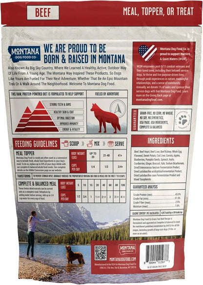 MONTANA DOG FOOD CO. Freeze-Dried Raw Beef Recipe Dog Food – Grain-Free, High-Protein Meal or Topper, Made in USA with USA Ingredients -6.4 oz Bag