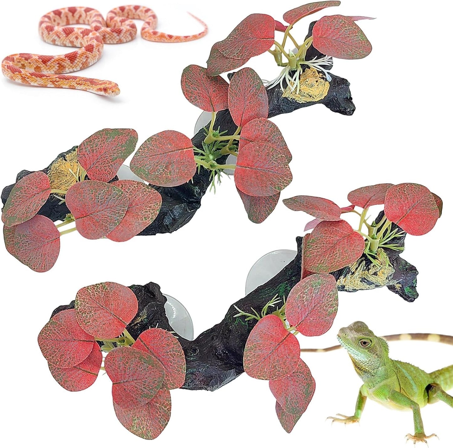 kathson 2 PCS Reptile Corner Branch Resin Snake Climbing Accessories with Leaves Terrarium Plant Decoration with Suction Cup for Frog Lizard Bearded Dragon Gecko Spider Climbing 7.8 x 3.1 x 1.4 inches