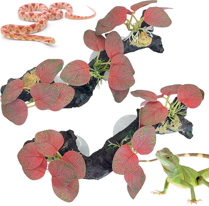 kathson 2 PCS Reptile Corner Branch Resin Snake Climbing Accessories with Leaves Terrarium Plant Decoration with Suction Cup for Frog Lizard Bearded Dragon Gecko Spider Climbing 7.8 x 3.1 x 1.4 inches