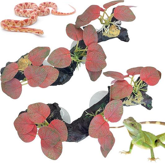 kathson 2 PCS Reptile Corner Branch Resin Snake Climbing Accessories with Leaves Terrarium Plant Decoration with Suction Cup for Frog Lizard Bearded Dragon Gecko Spider Climbing 7.8 x 3.1 x 1.4 inches