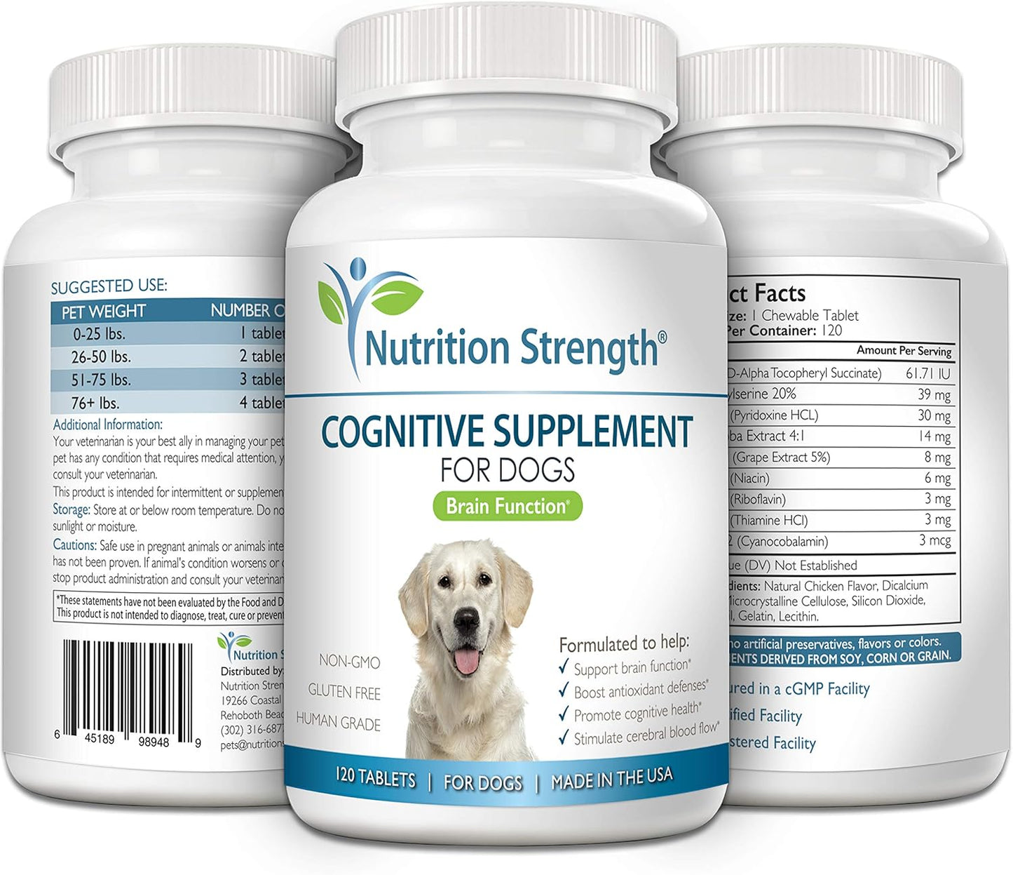 Cognitive Support for Dogs, Promotes Dog Brain Health, Mental Support Supplement for Cognitive Difficulties, 120 Chewable Tablets