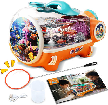 Small Fish Tank, Portable Betta Fish Tank for Kids with LED Light, Air Pump,Battery,Small Aquarium KIT - Perfect for Home Decor and Pet Care,Educational Science Gifts for Kids