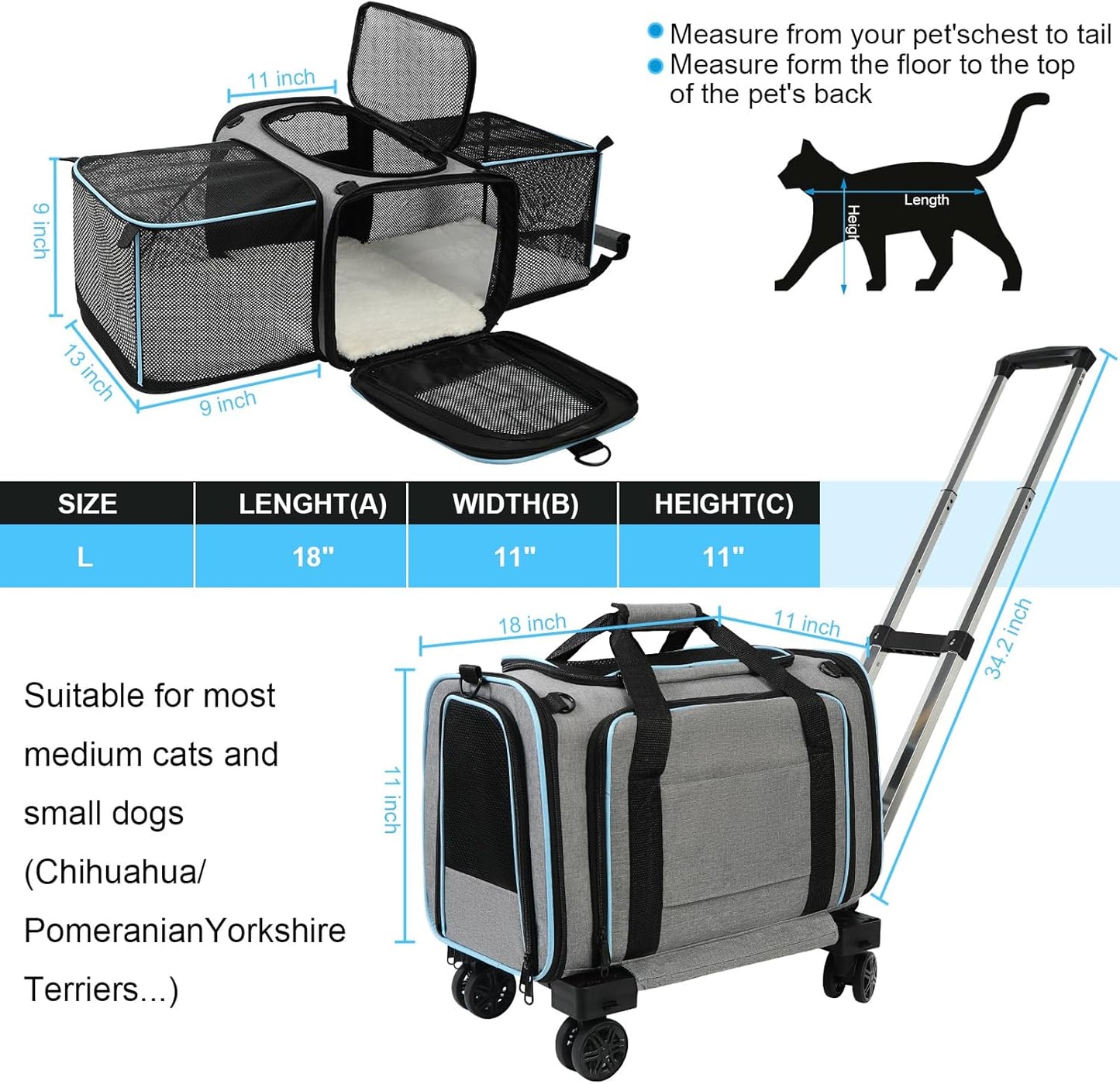 Pet Carrier Airline Approved, Expandable Pet Cat Carriers with Wheels for Dogs, Airline Approved Cat Dog Carrier, TSA Approved Pet Carrier In Cabin, Pet Dog Cat Carrier Soft, Cat Travel Carriers(Grey)