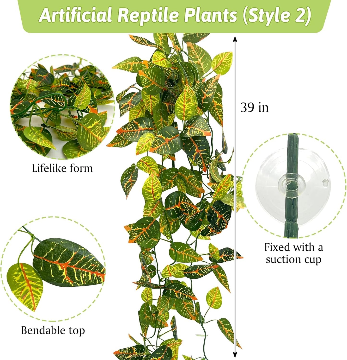 VCEPJH Snake Climbing Branch, 2Pcs Reptile Wood Natural Cork Log and 4 Pcs Reptile Plants, Climbing Wood Branch Terrarium Hanging Fake Plant Leaves for Snake Leopard Gecko Lizard Chameleon