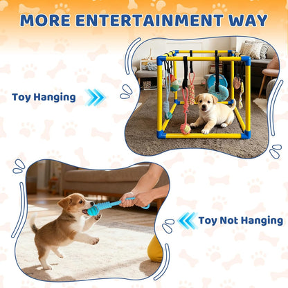 Puppy Play Gym with 8 Hanging Toys Indoor Play Gym Interactive Dog Toys for Boredom Enrichment Activity for Small Dog Teething PVC Frame Stretchy Rope with Velcro (19.6 x 19.6 x 19.6 inch)