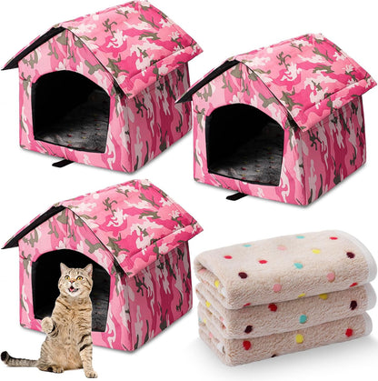 3 Set Waterproof Stray Cats Shelter Cat Houses for Outdoor Winter Warm Foldable Pet Cave with Soft Blankets Animal Tent Bed for Winter Feral Puppy Weatherproof(Style 2,Pink)